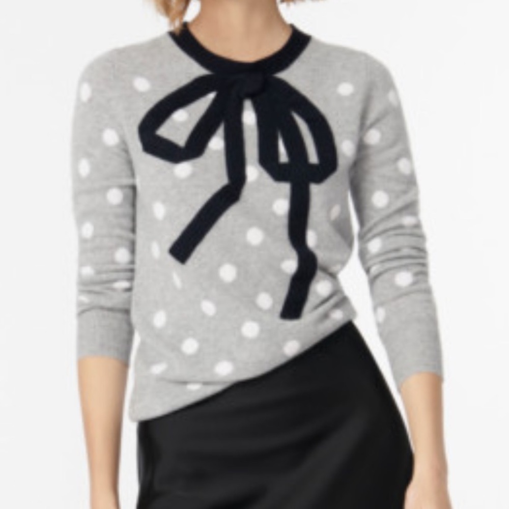 J Crew Women’s Gray Polka Dot 100% Cashmere Crewneck Sweater With Bow Small S - Picture 2 of 11